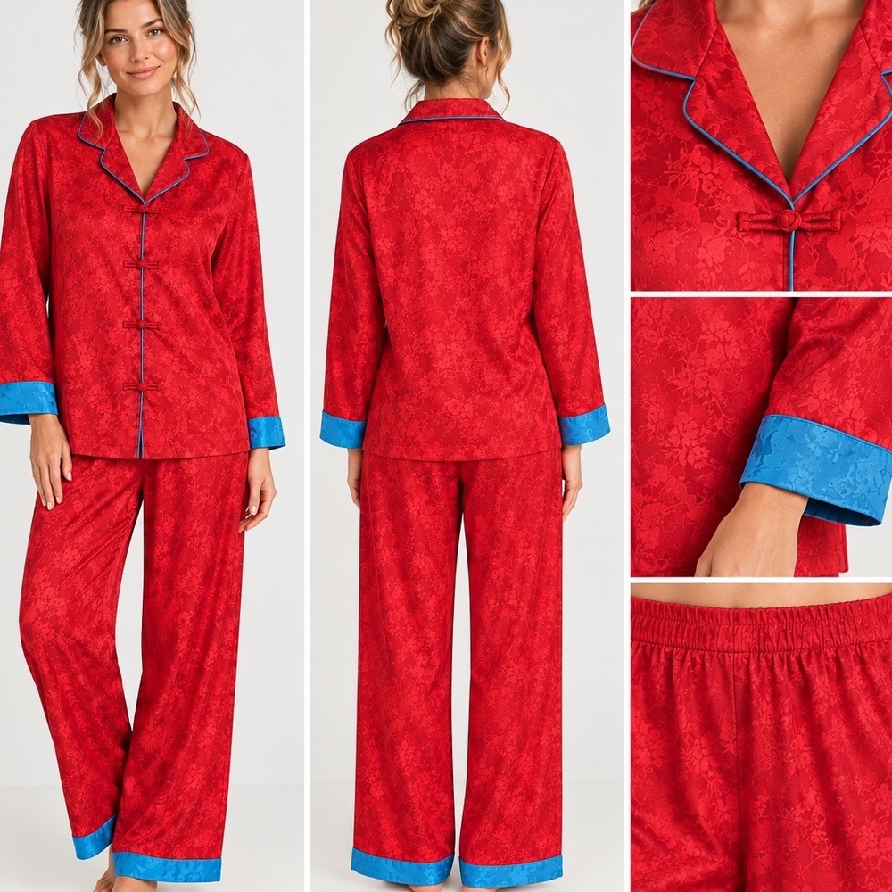 Bloomingdales Womens Red Floral Jacquard Pajama Set Frog Button Turquoise Trim M